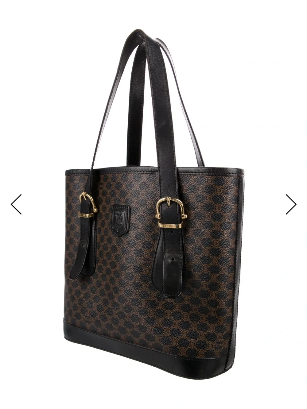Celine Brown and Black Logo-Print Leather Trim Tote
